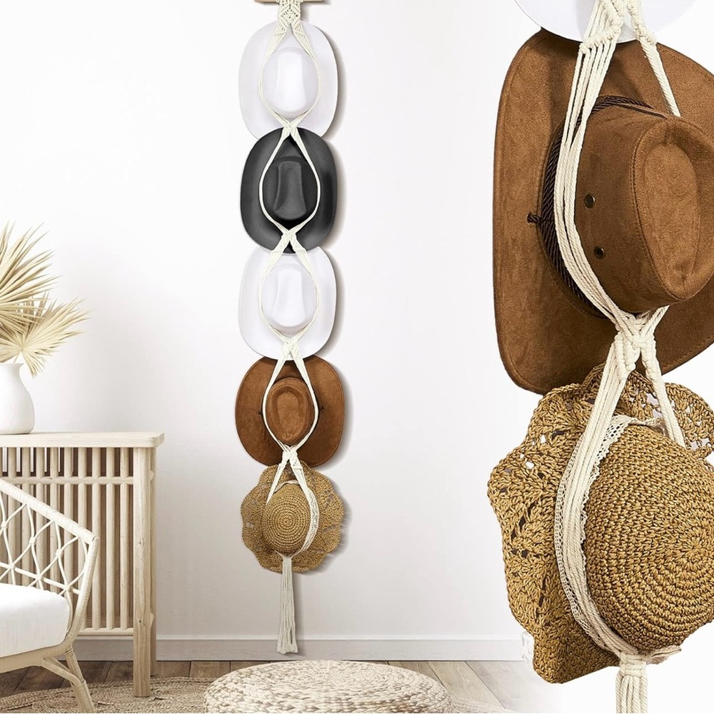 Handmade Boho Macrame Five Hat Hanging Wall Decor